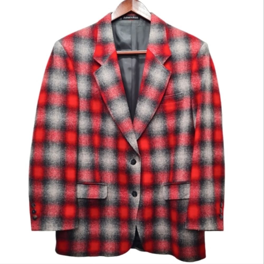 WOOLRICH Vintage Red Black Plaid Wool Blend Suit Coat Jacket Blazer Men's Size S